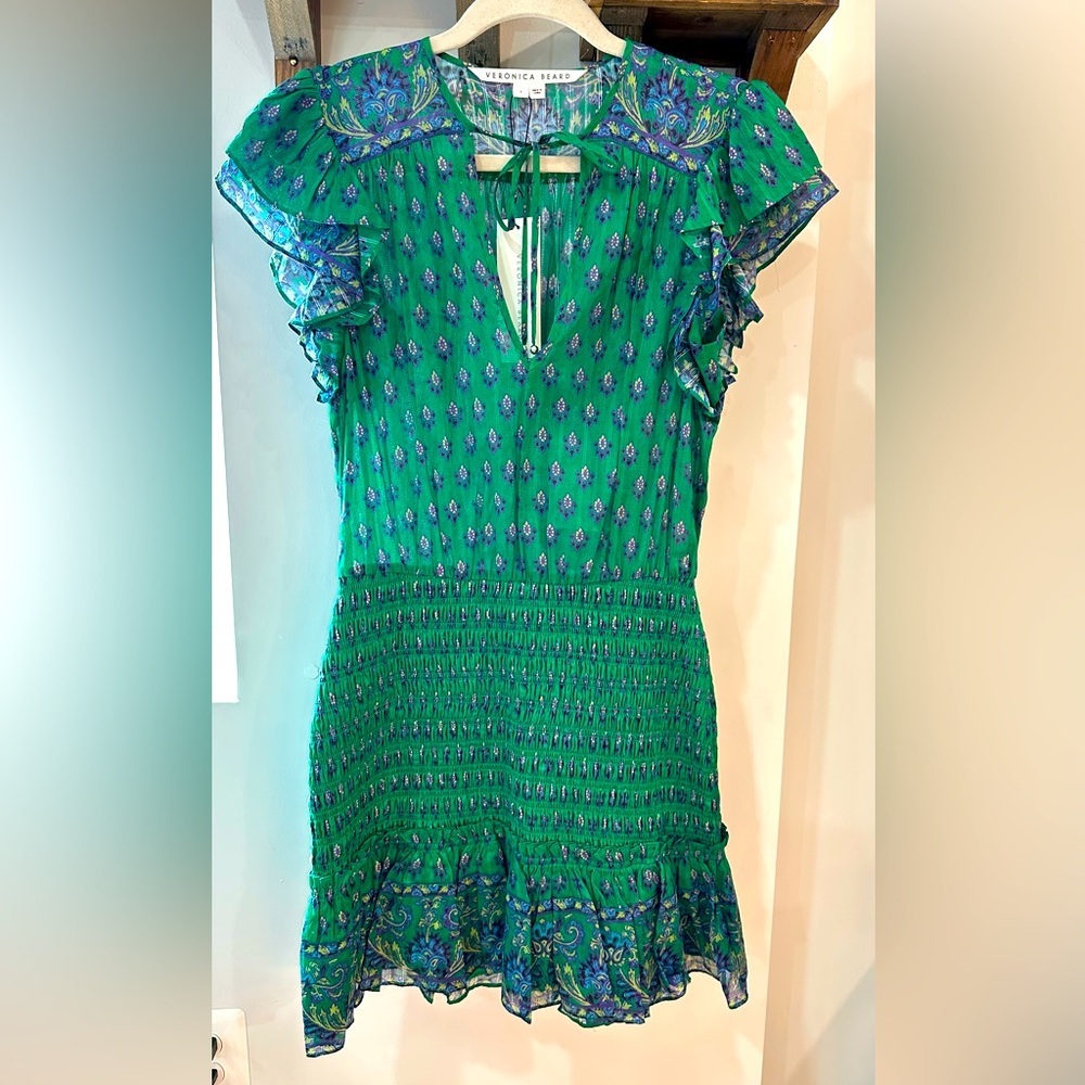NWT Veronica Beard Brindelle Smocked Cotton Mini Dress in Kelly Green Multi 4 - Picture 9 of 15